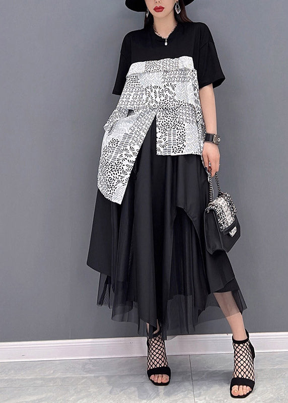 Black Asymmetrical Design Patchwork Tulle Vacation Dress Short Sleeve