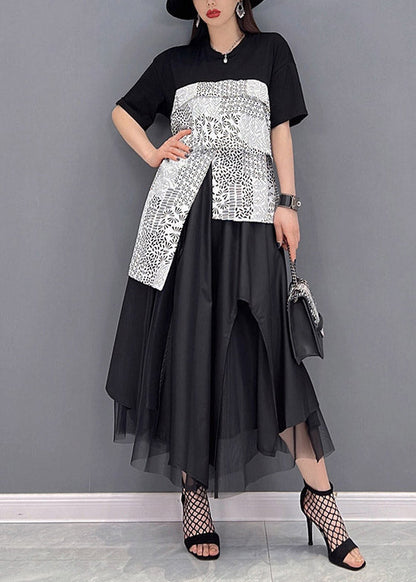 Black Asymmetrical Design Patchwork Tulle Vacation Dress Short Sleeve