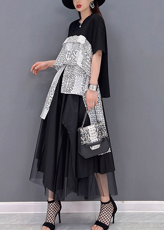 Black Asymmetrical Design Patchwork Tulle Vacation Dress Short Sleeve