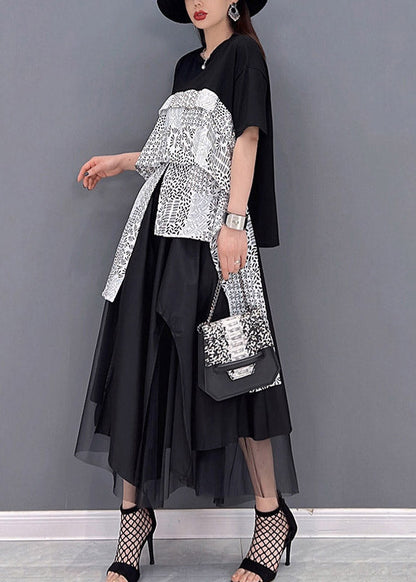 Black Asymmetrical Design Patchwork Tulle Vacation Dress Short Sleeve