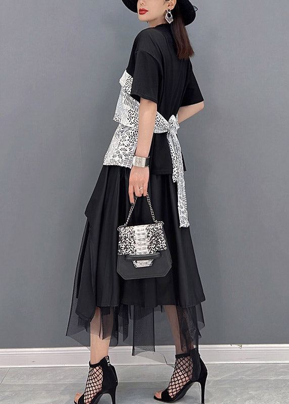 Black Asymmetrical Design Patchwork Tulle Vacation Dress Short Sleeve