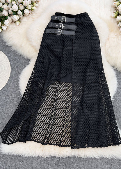 Black Asymmetrical High Waist Patchwork Tulle Skirt Summer