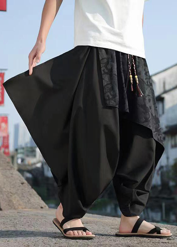 Black Asymmetrical Jacquard Patchwork Ice Silk Harem Pants Summer