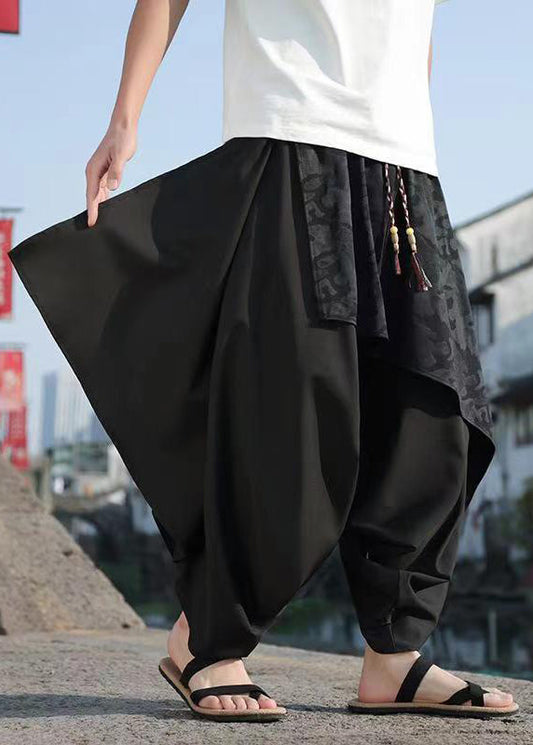 Black Asymmetrical Jacquard Patchwork Ice Silk Harem Pants Summer