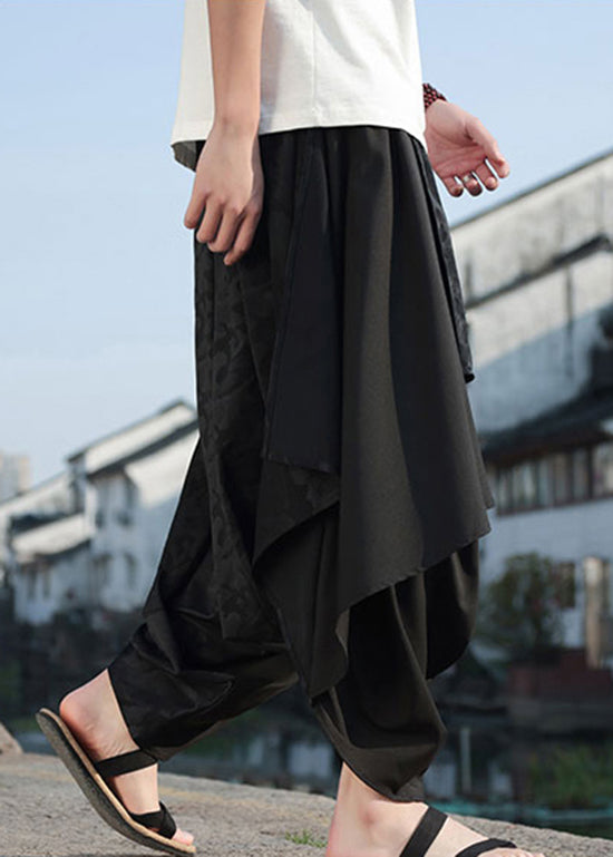 Black Asymmetrical Jacquard Patchwork Ice Silk Harem Pants Summer