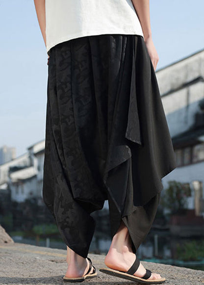 Black Asymmetrical Jacquard Patchwork Ice Silk Harem Pants Summer
