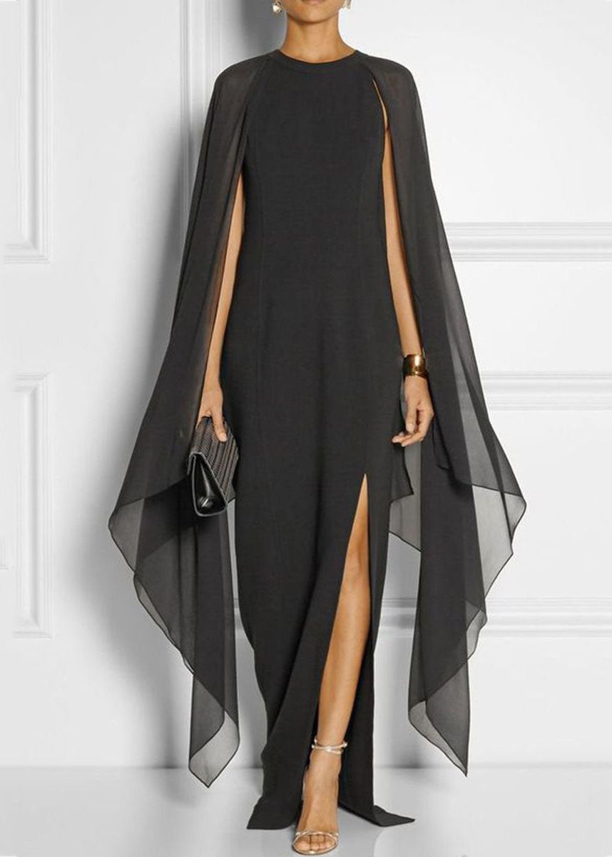 Black Asymmetrical Patchwork Cape Chiffon Dress Summer