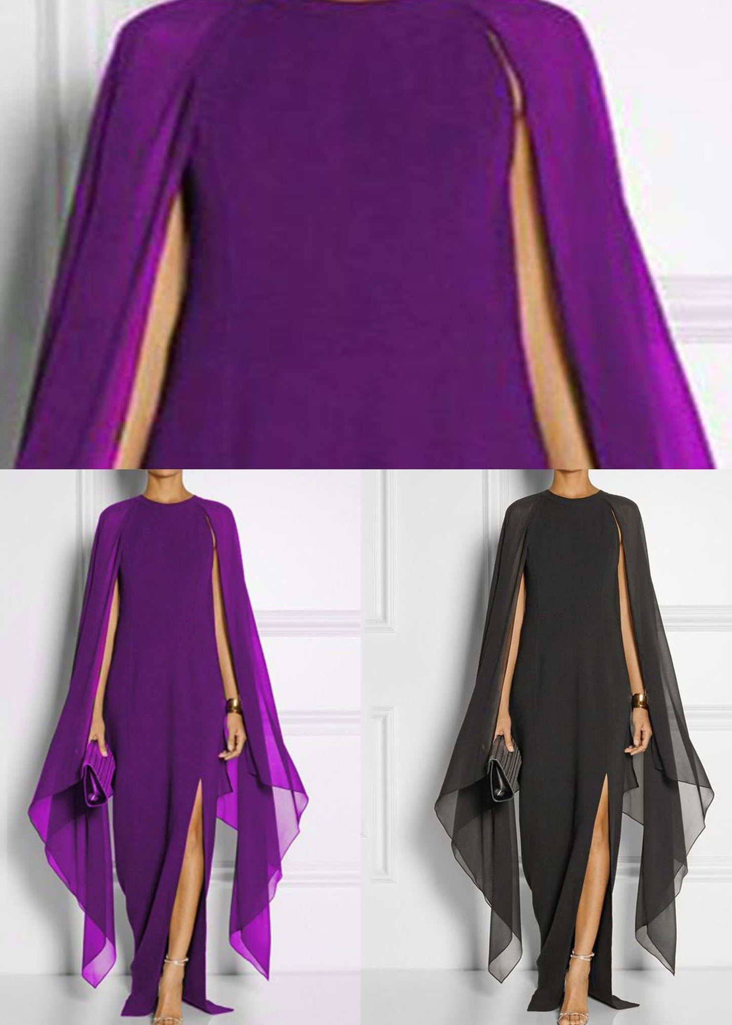 Black Asymmetrical Patchwork Cape Chiffon Dress Summer