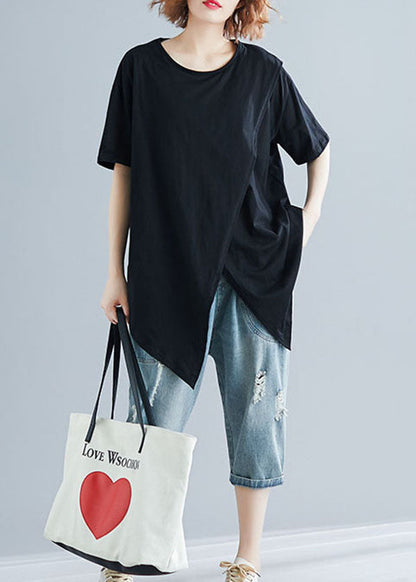 Black Asymmetrical Patchwork Cotton Top Short Sleeve