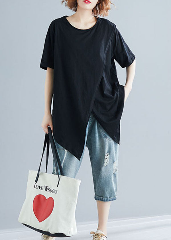Black Asymmetrical Patchwork Cotton Top Short Sleeve