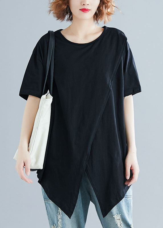 Black Asymmetrical Patchwork Cotton Top Short Sleeve