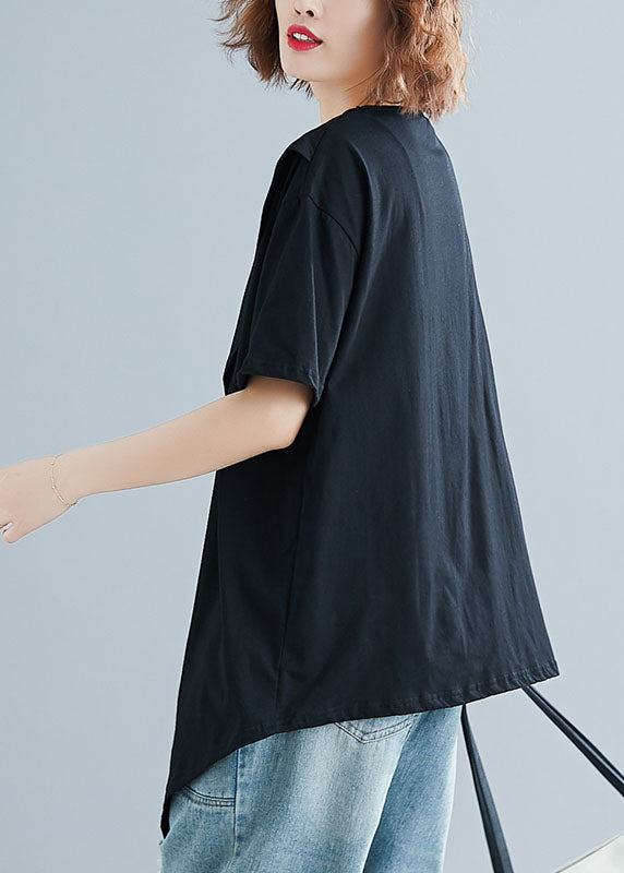 Black Asymmetrical Patchwork Cotton Top Short Sleeve