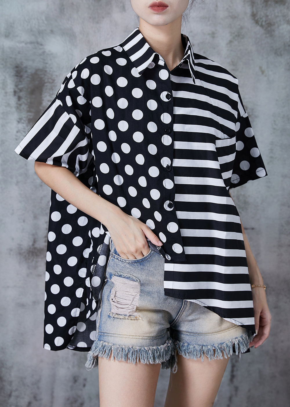 Black Asymmetrical Patchwork Cotton Top Summer