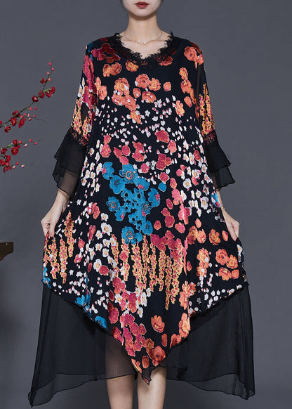 Black Asymmetrical Print Silk Dresses Flare Sleeve