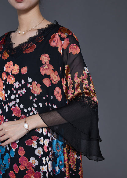 Black Asymmetrical Print Silk Dresses Flare Sleeve
