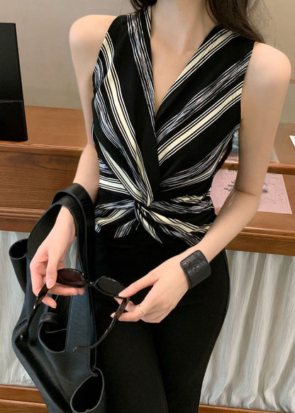 Black Asymmetrical Striped Cotton Halter Tops Summer