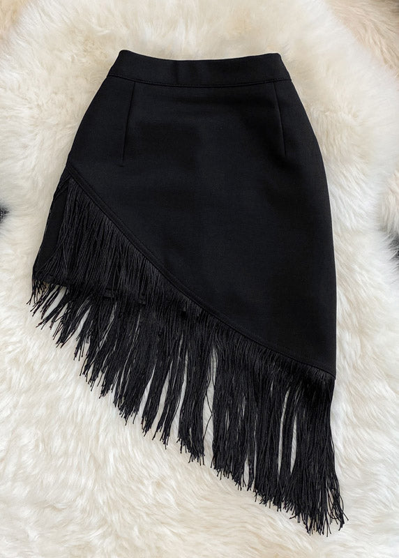 Black Asymmetrical Tassel High Waist Skirt Summer
