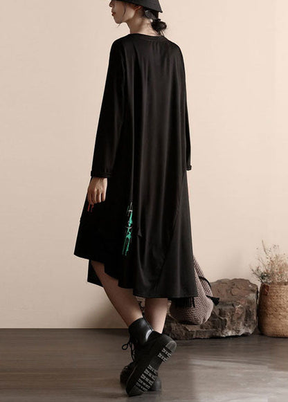 Black Asymmetrical Wrinkled Patchwork Cotton Dresses Spring