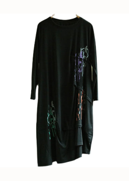 Black Asymmetrical Wrinkled Patchwork Cotton Dresses Spring