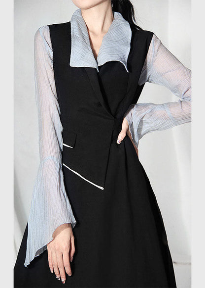 Black Asymmetrical Design Patchwork Dresses Sleeveless