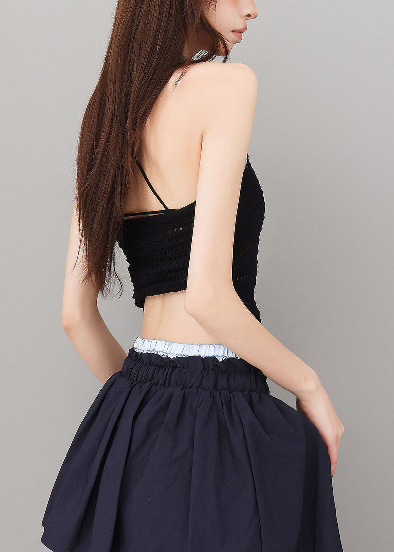 Black Backless Halter Knit Tank Top Summer