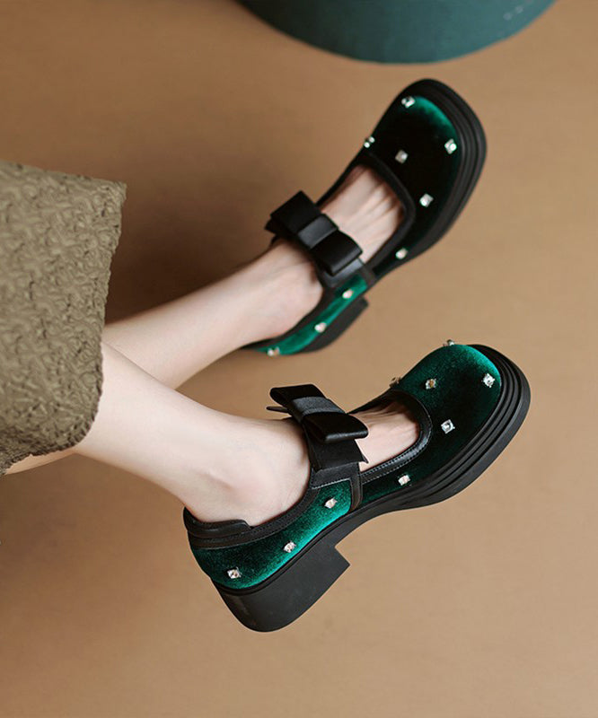 Black Bow Splicing Nail Bead Buckle Strap Chunky High Heels