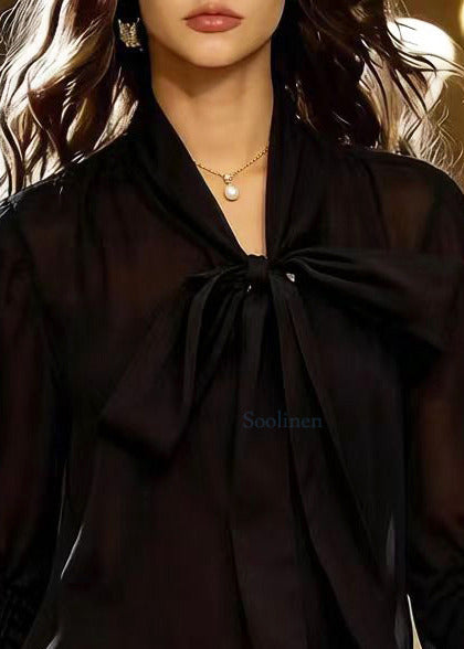 Black Bow Wrinkled Chiffon Shirt Dress Spring
