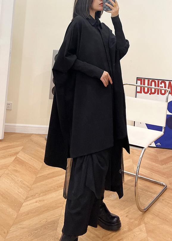 Black Button Batwing Sleeve Cotton Coat Spring
