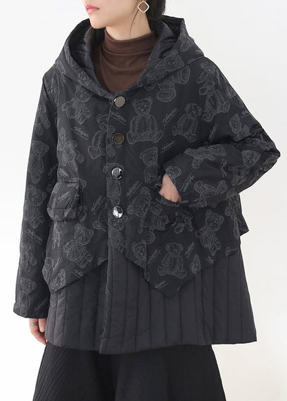 Black Button Patchwork Print Pockets Hooded Parka Long Sleeve