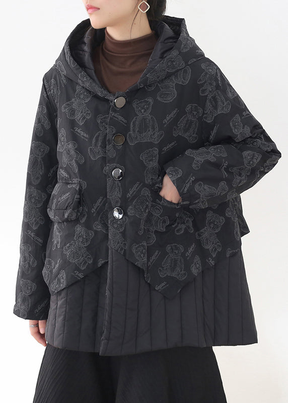Black Button Patchwork Print Pockets Hooded Parka Long Sleeve