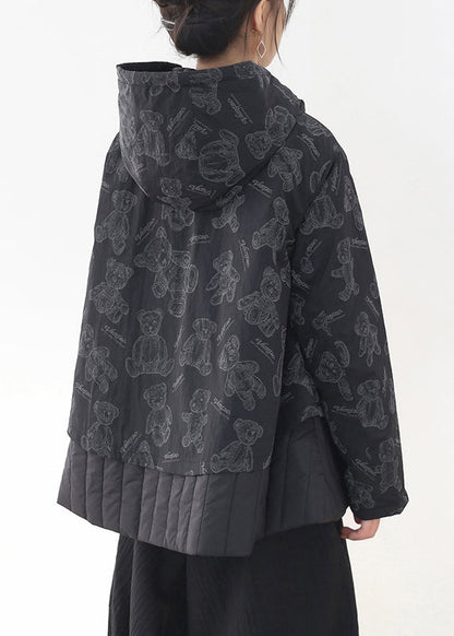 Black Button Patchwork Print Pockets Hooded Parka Long Sleeve