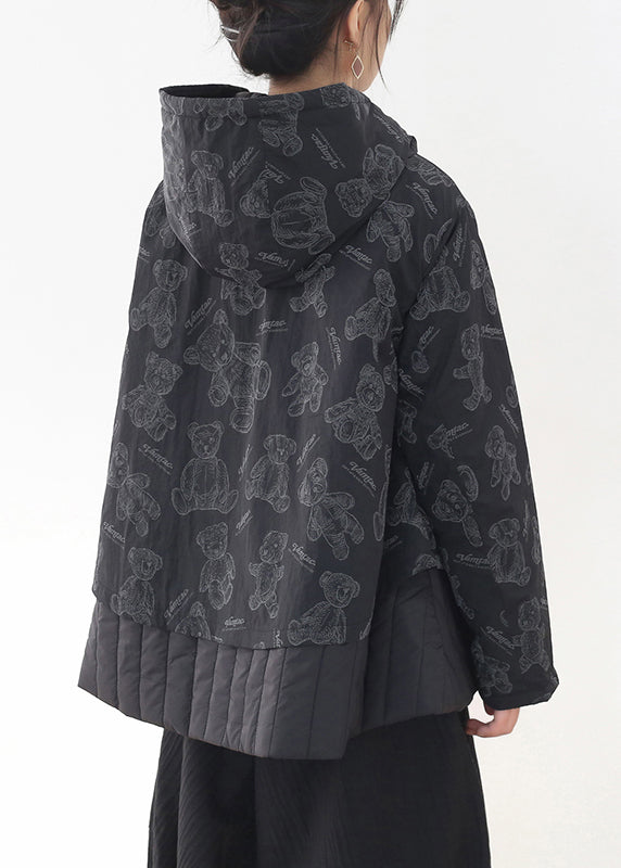 Black Button Patchwork Print Pockets Hooded Parka Long Sleeve