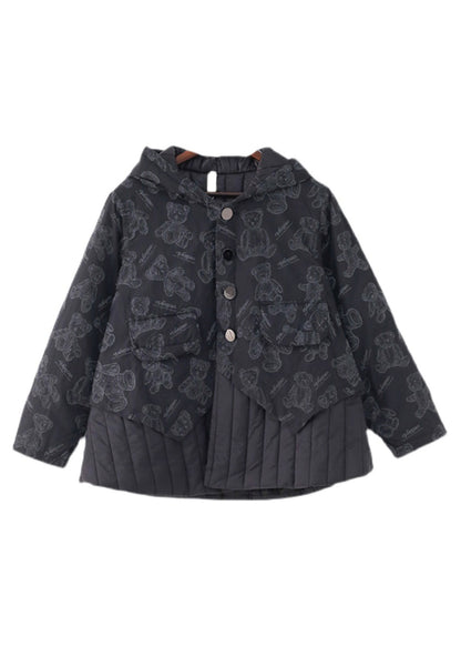 Black Button Patchwork Print Pockets Hooded Parka Long Sleeve