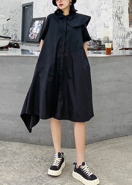 Black Button Peter Pan Collar Asymmetrical Design Party Dress Short Sleeve