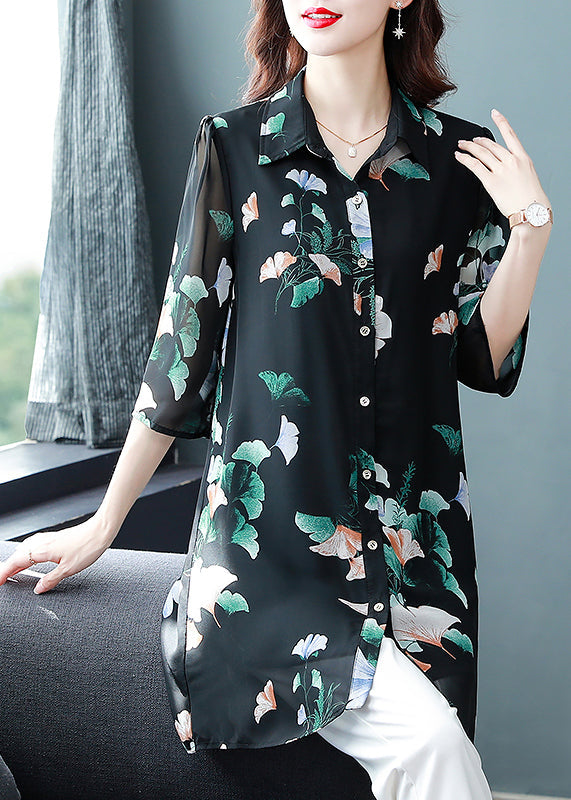 Black Button Peter Pan Collar Print Long Chiffon Shirt Tops Half Sleeve