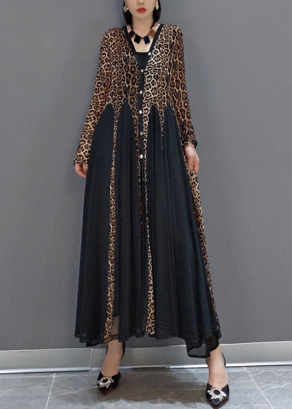 Black Button V Neck Patchwork Leopard Chiffon Maxi Dress Spring