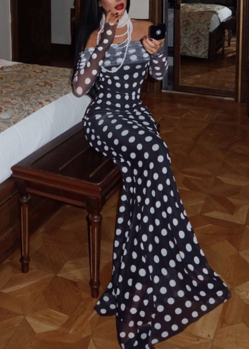 Black Cold Shoulder Dot Print Slim Tulle Dresses Spring