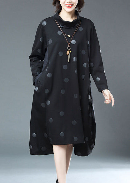 Black Dot Print Drawstring Patchwork Cotton Dresses Fall