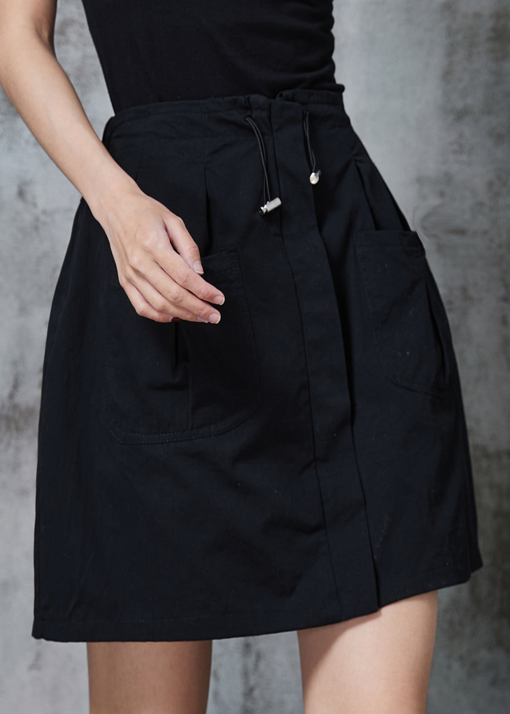 Black Drawstring Cotton a Line Skirt Summer