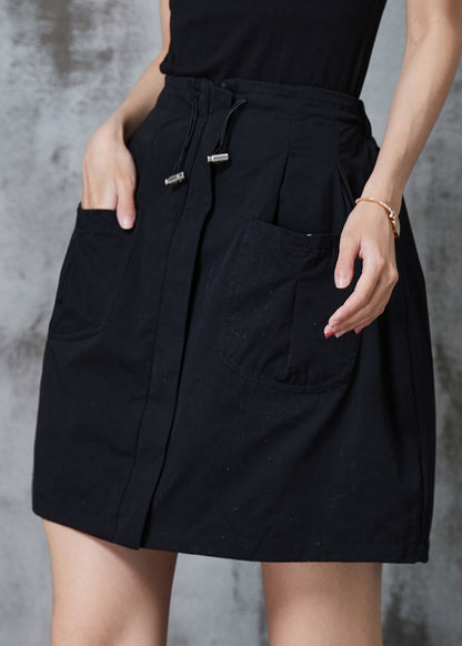 Black Drawstring Cotton a Line Skirt Summer