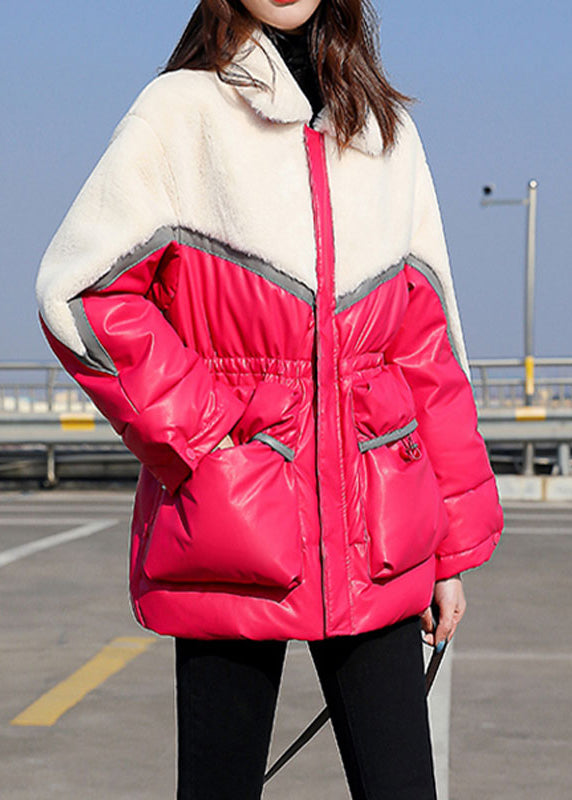 Black Drawstring Faux Fur Patchwork Duck Down Jacket in Winter