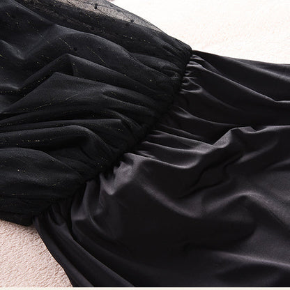 Black Elastic Waist Tulle Pleated Skirt Summer