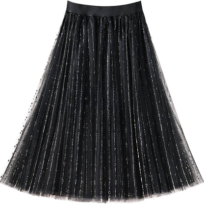 Black Elastic Waist Tulle Pleated Skirt Summer