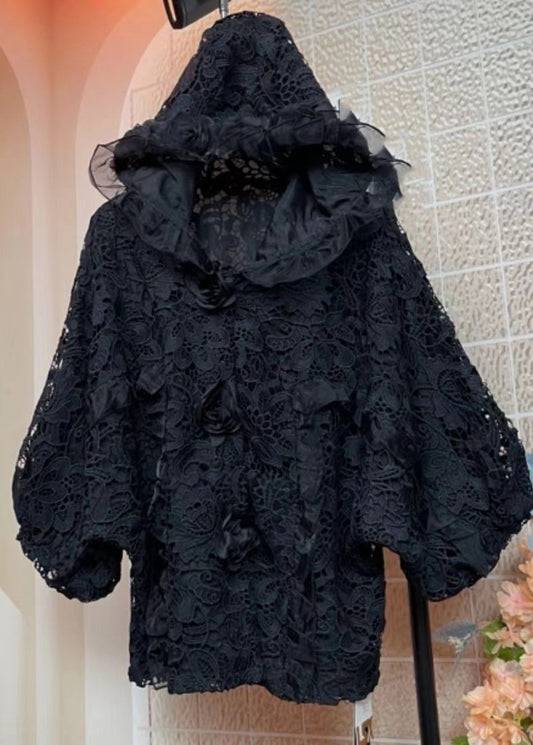 Black Embroidered Lace Hooded Coats Fall