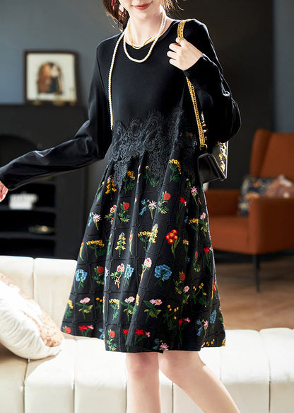 Black Embroidered Lace Patchwork Cotton Dress Spring