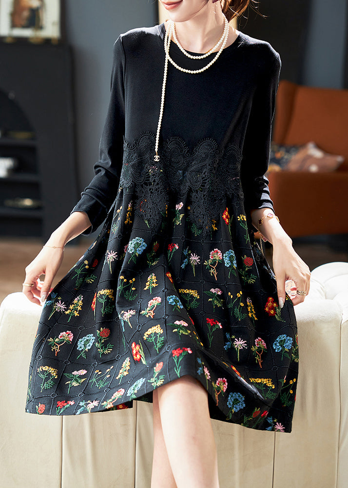 Black Embroidered Lace Patchwork Cotton Dress Spring
