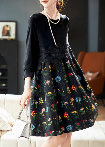 Black Embroidered Lace Patchwork Cotton Dress Spring