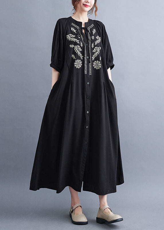 Black Embroideried Lace Up Cotton Maxi Dress Summer