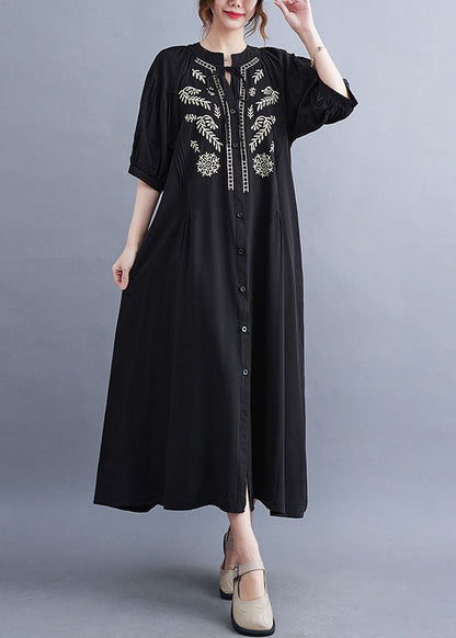 Black Embroideried Lace Up Cotton Maxi Dress Summer