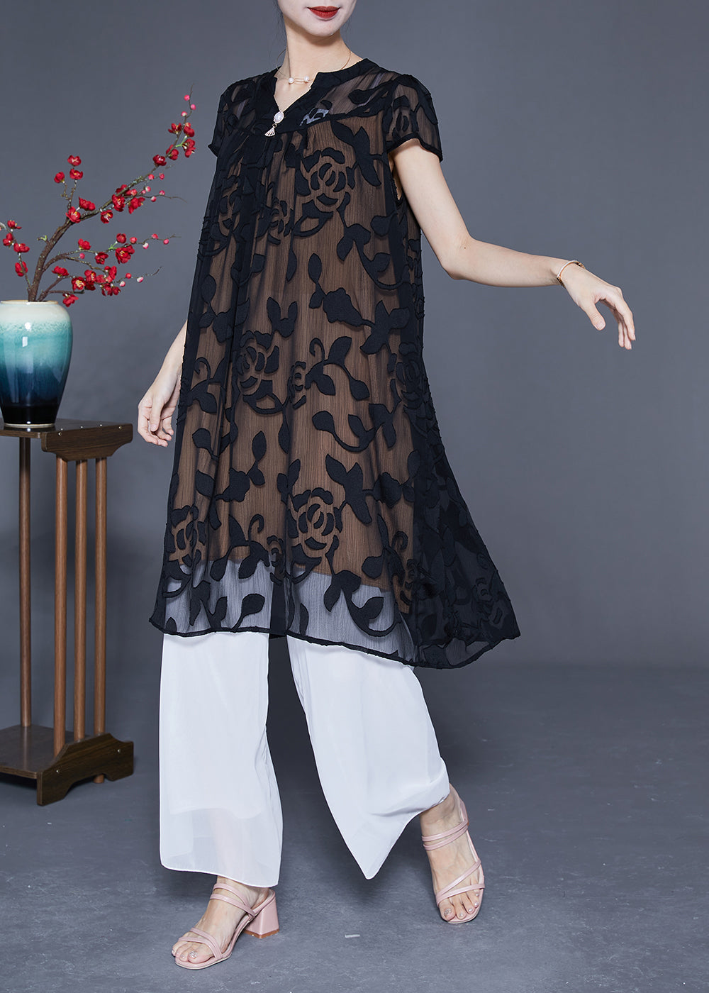 Black Embroideried Oversized Tulle Dress Summer